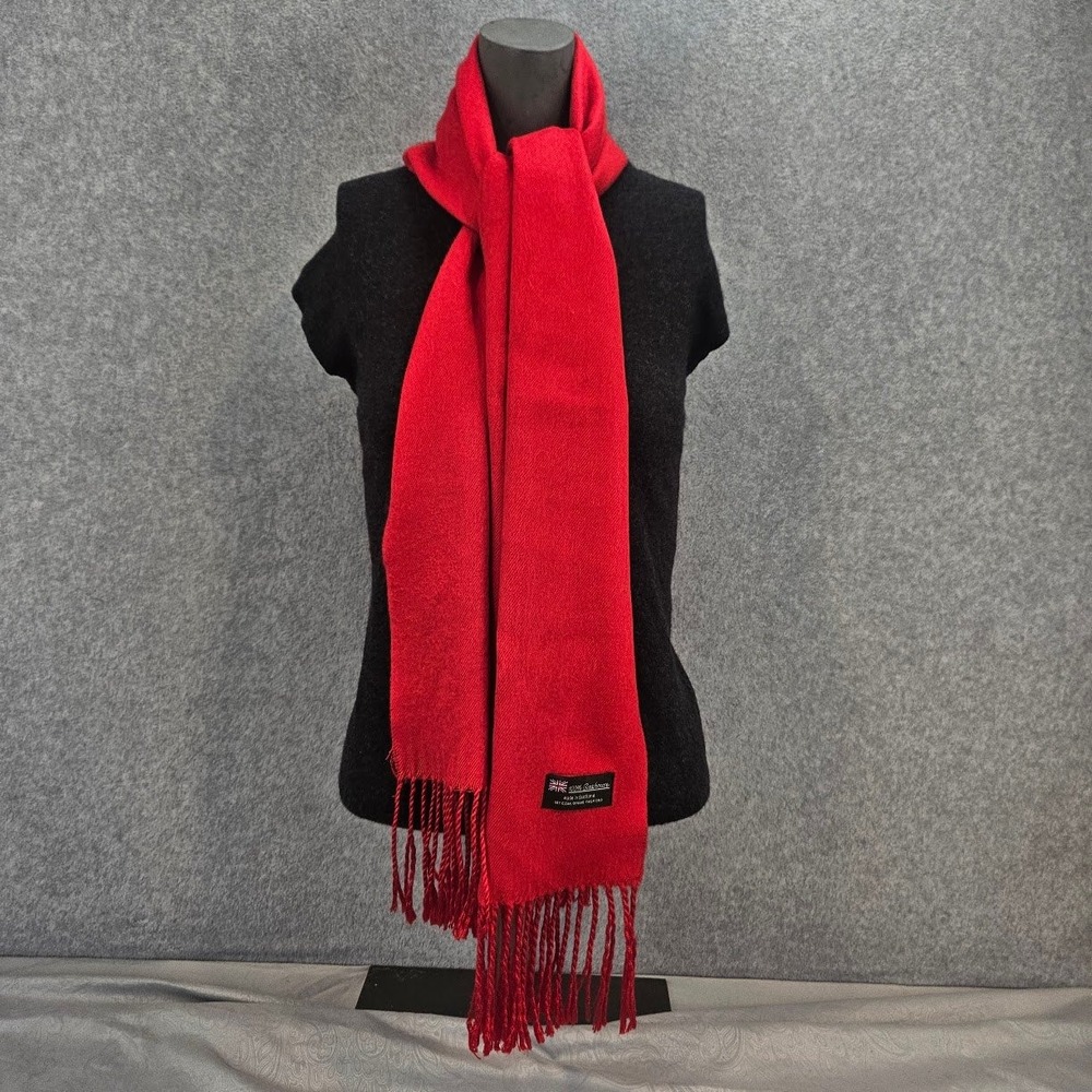 100% Cashmere Scarf Made in Scotland Red Fringe Winter Neck Wrap Unisex